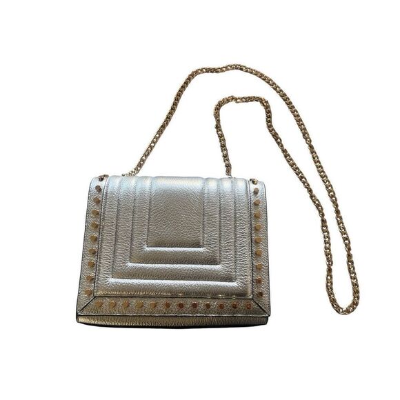 NWT Luana Italy Clio Studded Flap Bag Chain Metallic Silver Leather Bag with Gol - Picture 8 of 8